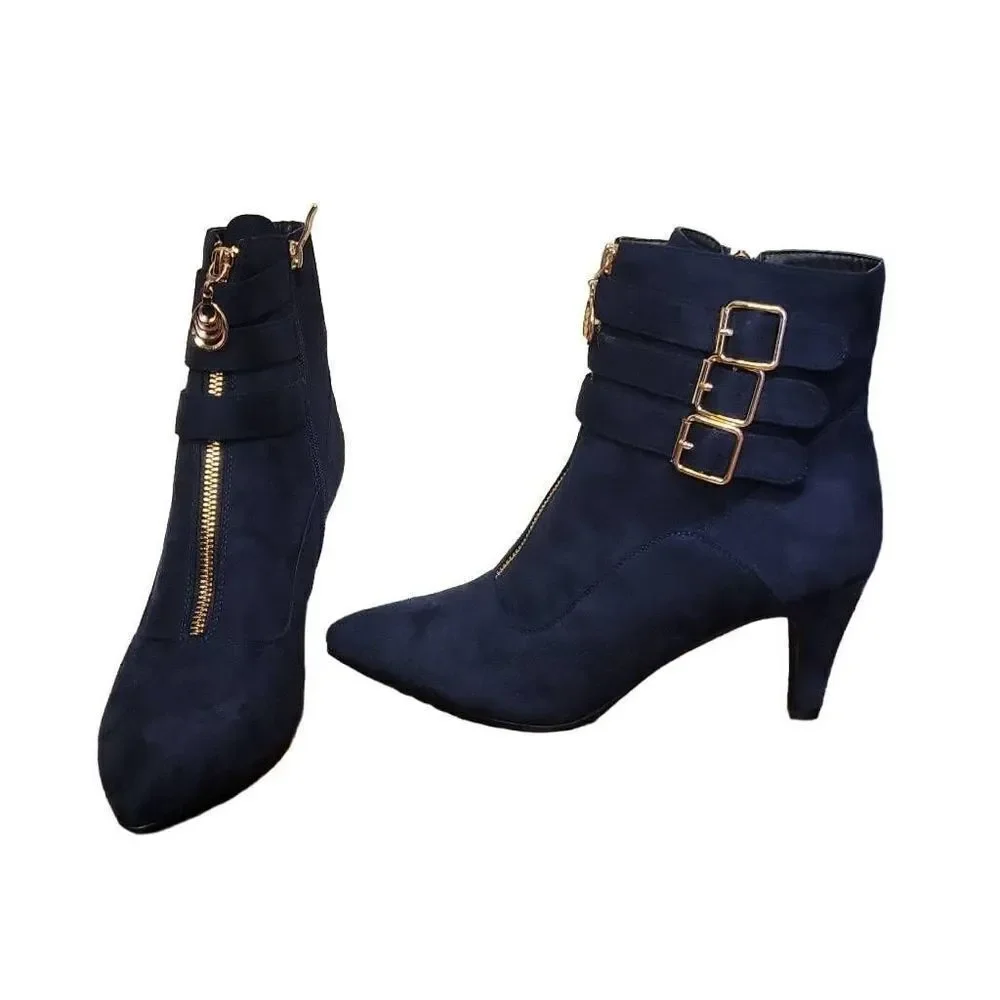 IDIFU Suede Pointed Toe Heeled Booties - Picture 4 of 13